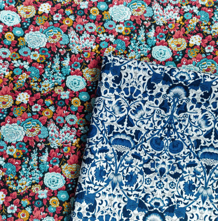 LIBERTY Tana Lawn Fabric, Loden in Blue, Elysian in Reds, last pieces