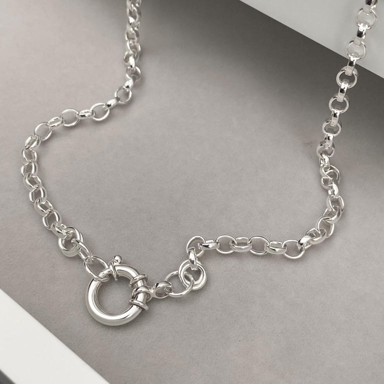 Oxidised or polished sterling silver chain necklace with a jumbo 13mm bolt ring 