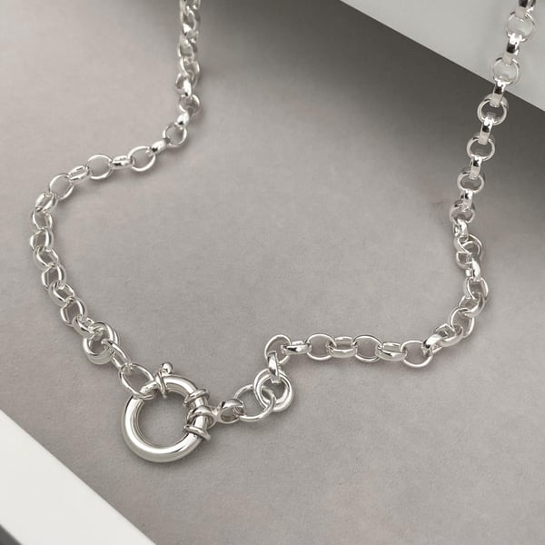 Oxidised or polished sterling silver chain necklace with a jumbo 13mm bolt ring 