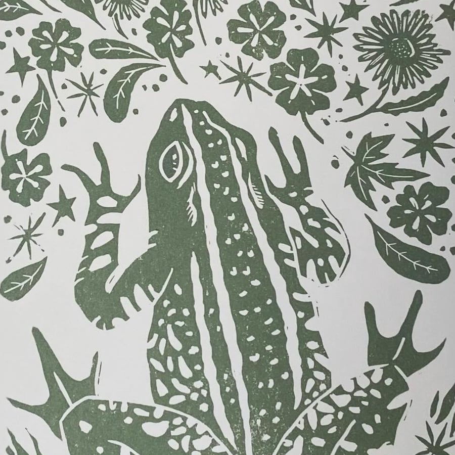 Floral frog linoprint A4