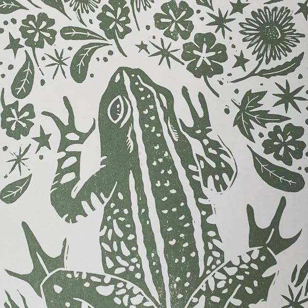 Floral frog linoprint A4
