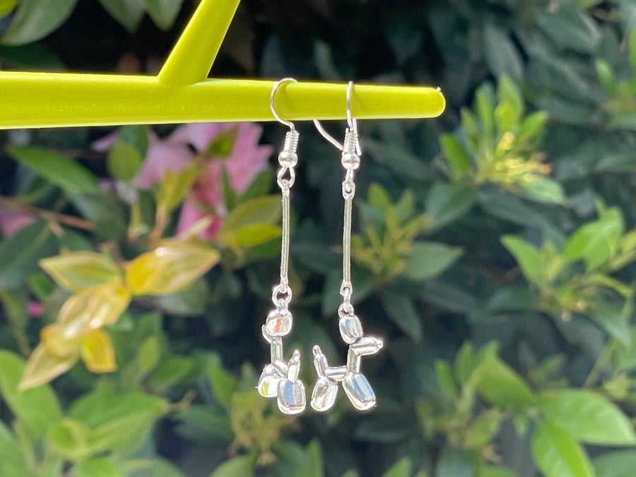 BALLOON DOG EARRINGS drop bar cute silver plate cute cool funky