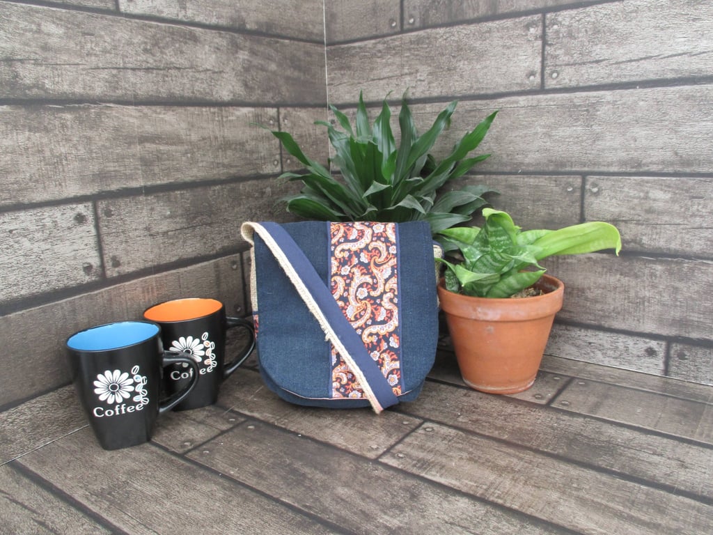 Upcycled Coffee Sack - Mini Shoulder Bag - Blue with orange paisley pattern