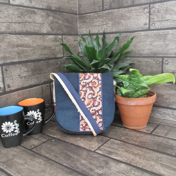 Upcycled Coffee Sack - Mini Shoulder Bag - Blue with orange paisley pattern