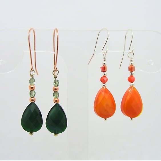 Orange and green glass crystal drop earrings 2 pairs