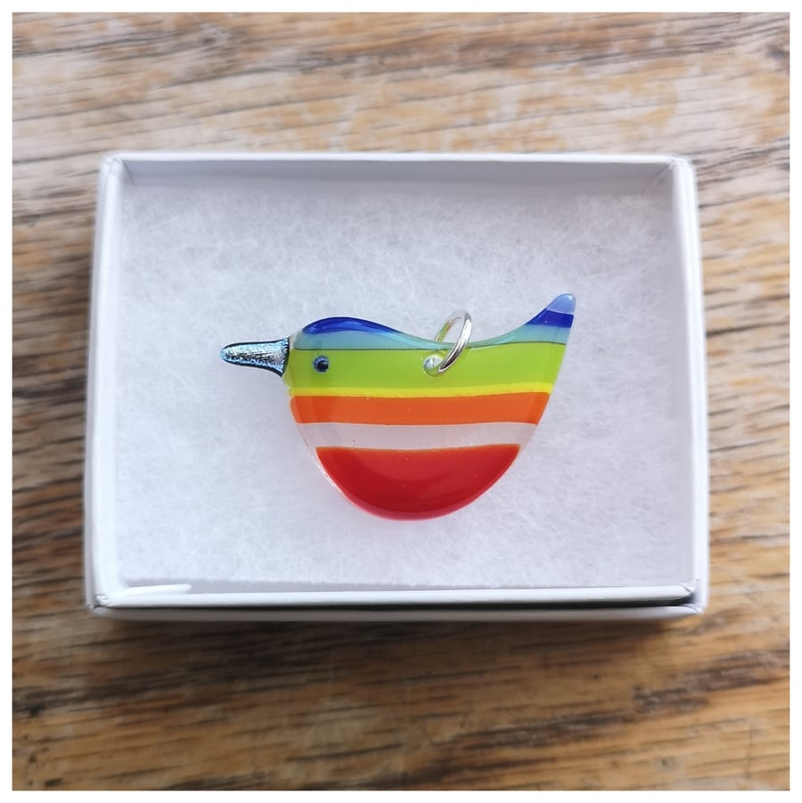 Rainbow Wren of Hope glass pendant with blue head