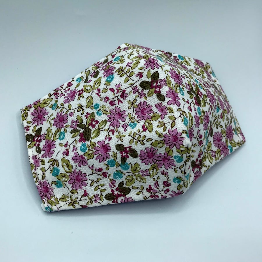 Floral and lilac Triple Layered Face Mask. Double Sided. 100% Cotton Fabric.