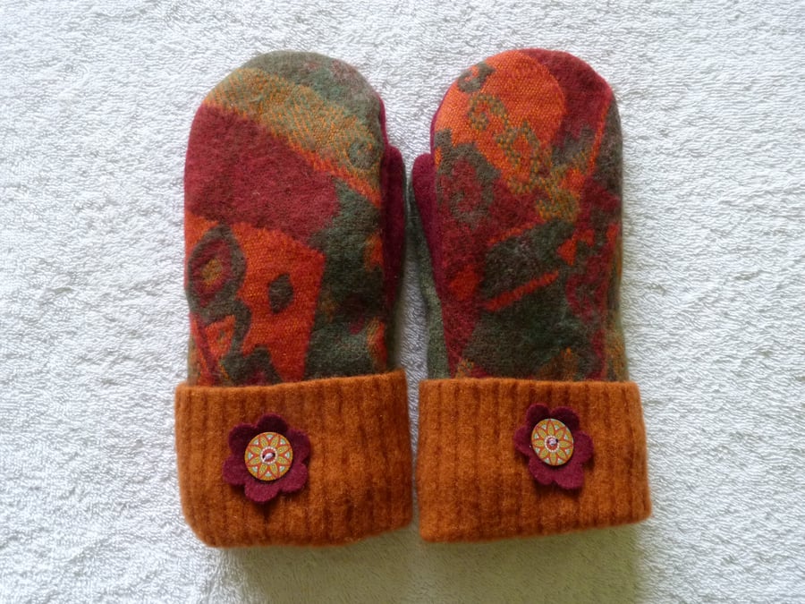Mittens Created from Up-cycled Wool Jumpers. Fully Lined. Burnt Orange Cuff