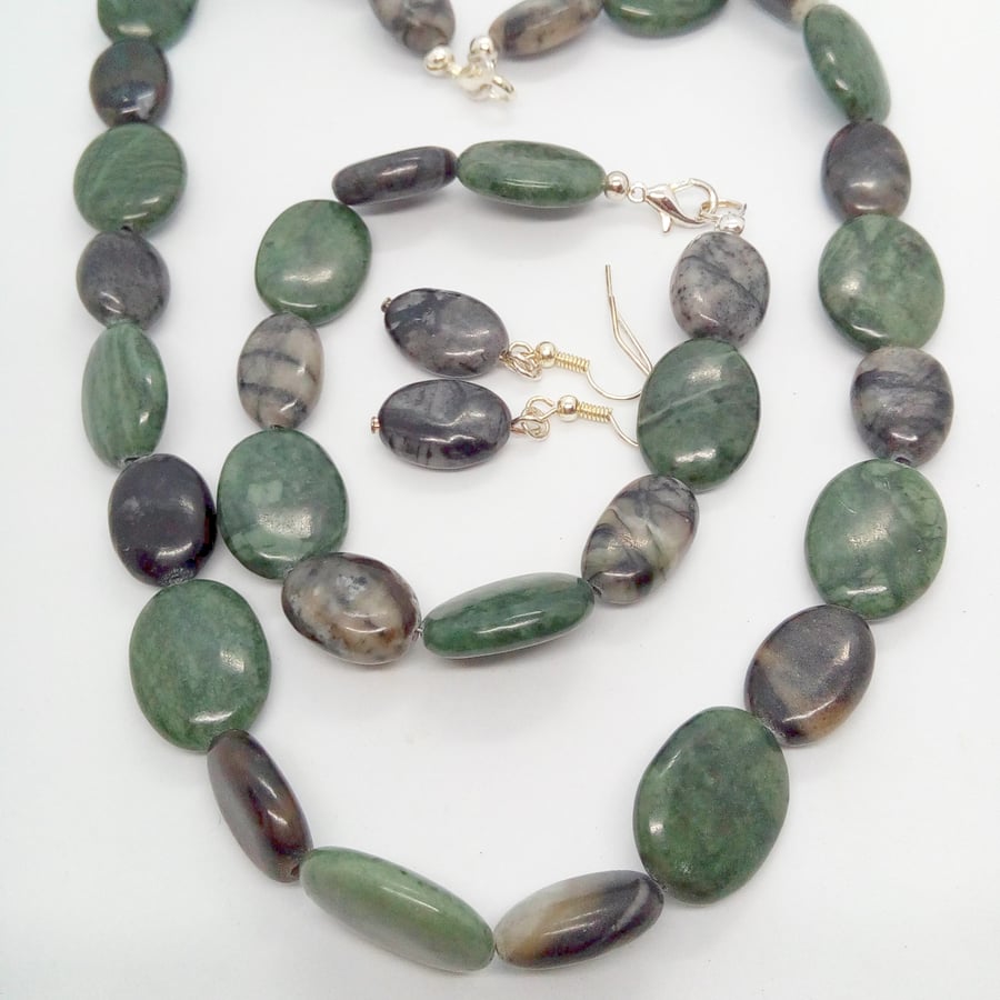Semi Precious Green and Charcoal Agate Jewellery Set, Mother's Day Gift