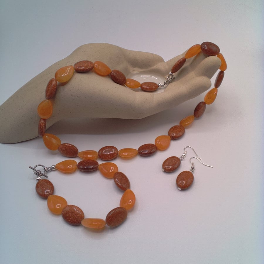 Sparkly Sunstone and Amber Glass Bead 3 Piece Jewellery Set, Gift for Her