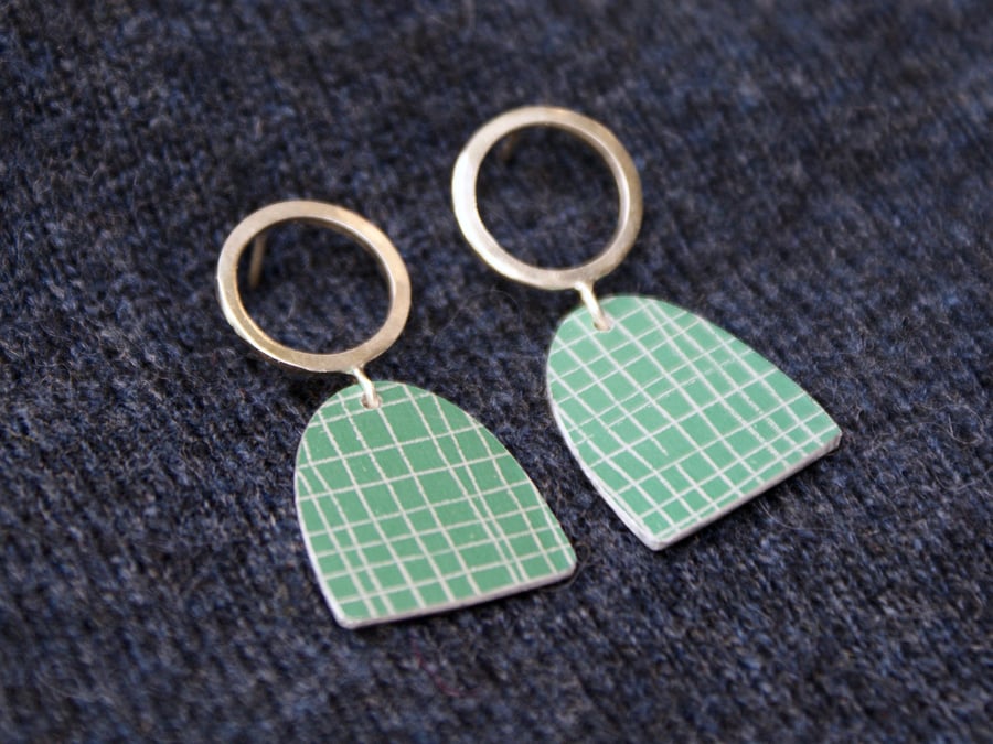 Green and silver stud dangle earrings