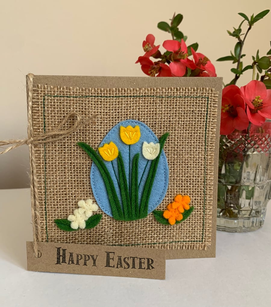 Easter greeting card with yellow and cream flowers. Handmade. Wool felt.