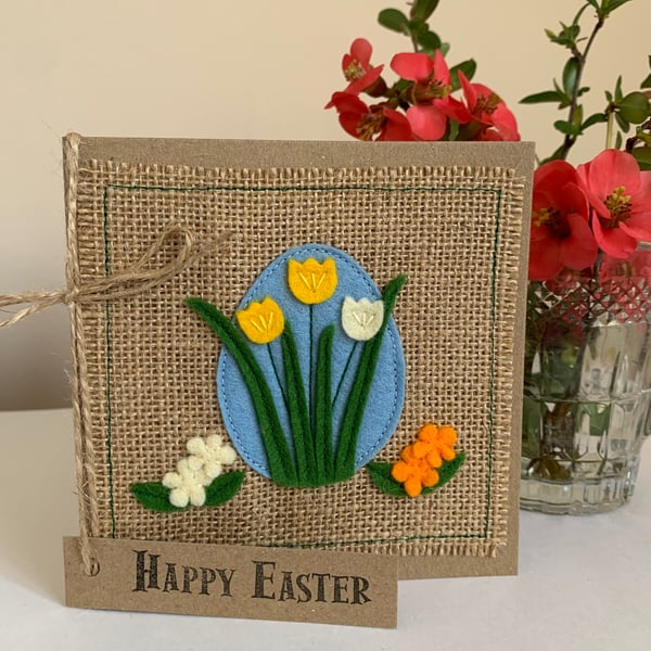 Easter greeting card with yellow and cream flowers. Handmade. Wool felt.