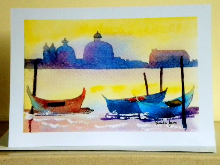 Art Greetings Card, Gondolas, Venice, A5, Blank inside for your own message