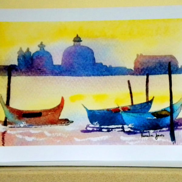 Art Greetings Card, Gondolas, Venice, A5, Blank inside for your own message