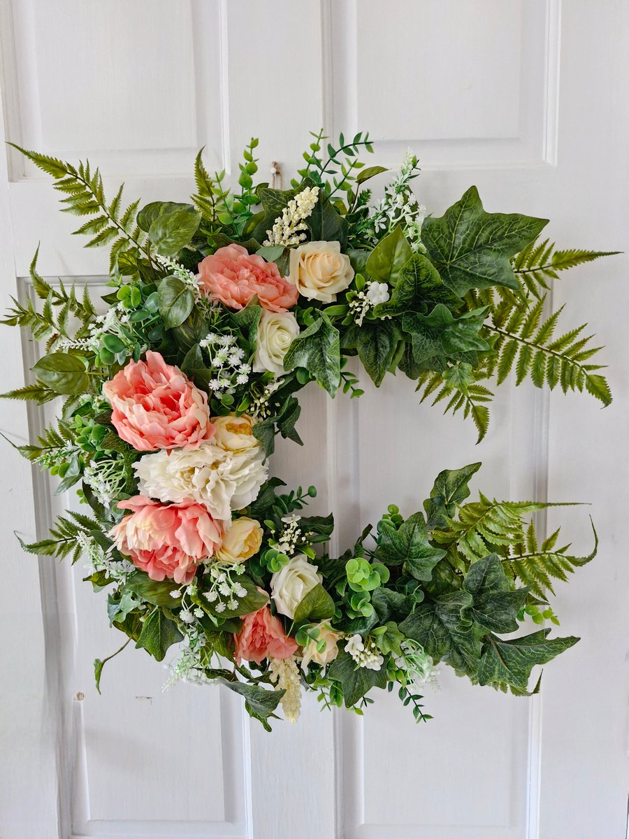 Jilly, large crescent peony,Rose & foliage wreath