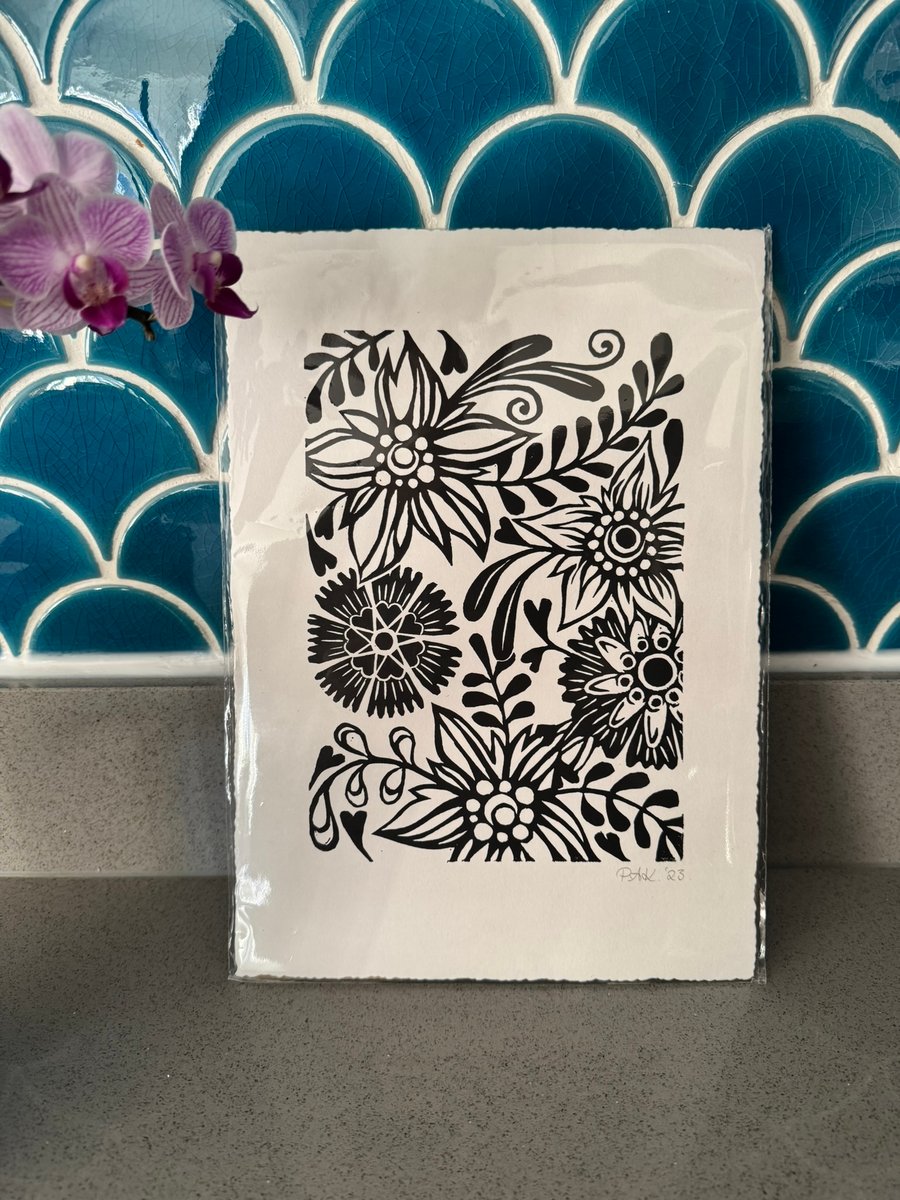 Beautiful Floral Original Lino Print Black and White Pattern -Unframed 