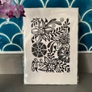 Beautiful Floral Original Lino Print Black and White Pattern -Unframed 