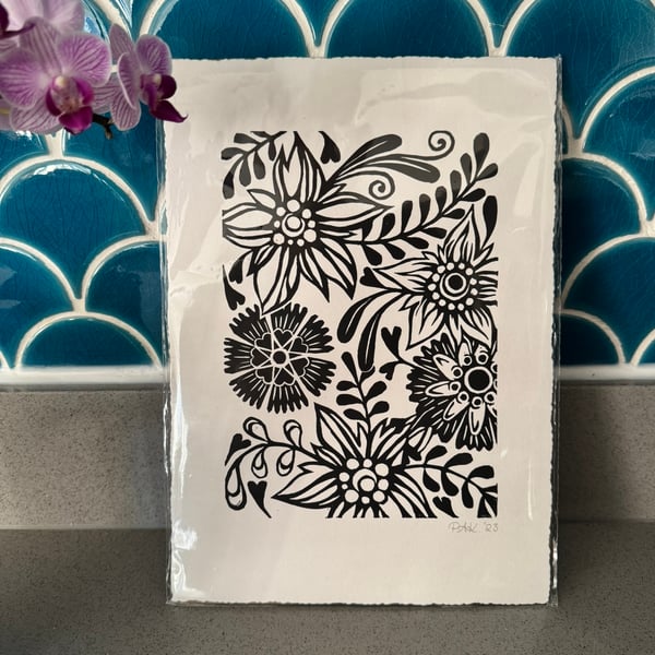 Beautiful Floral Original Lino Print Black and White Pattern -Unframed 