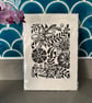 Beautiful Floral Original Lino Print Black and White Pattern -Unframed 