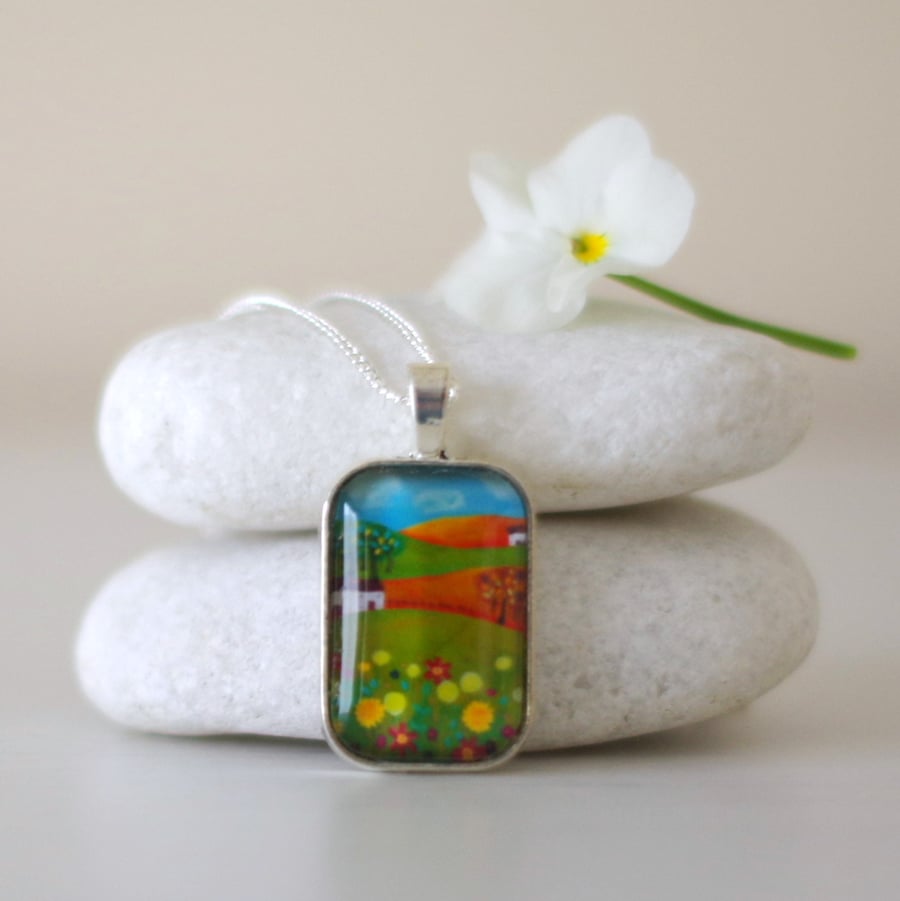 Green Pendant Necklace, Pendant with Landscape Art Print