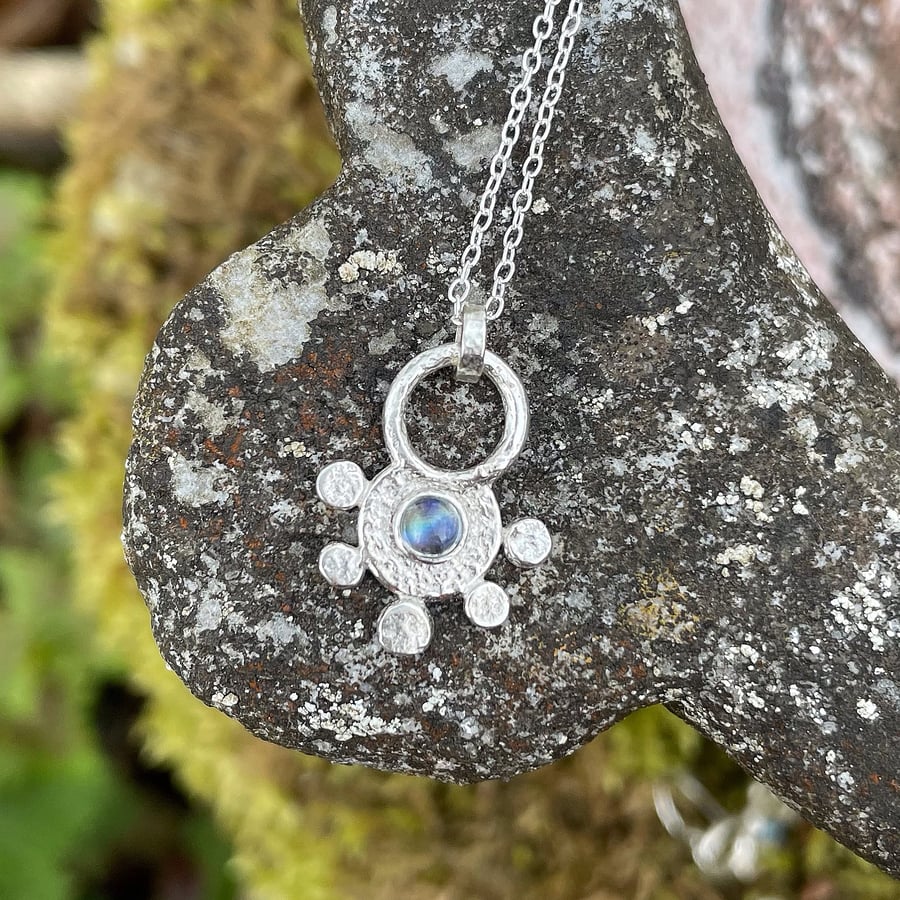  Silver and moonstone pendant on chain, rainbow moonstone necklace