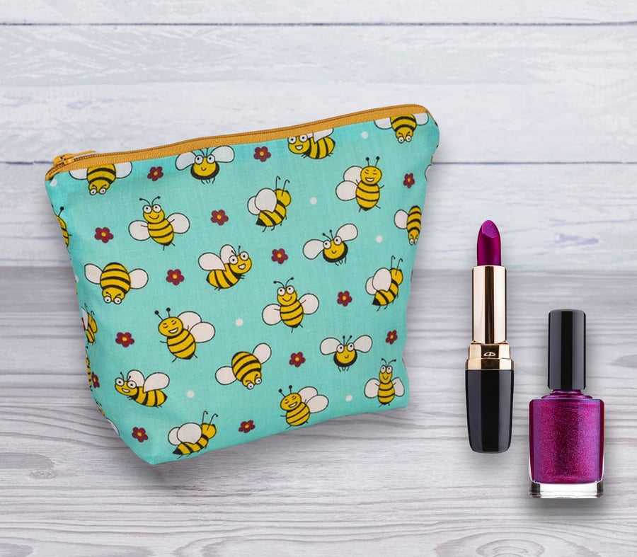 Cosmetic Bag, Make up Bag, Bee Design Cosmetic Bag-Blue, Cosmetic Bag-125