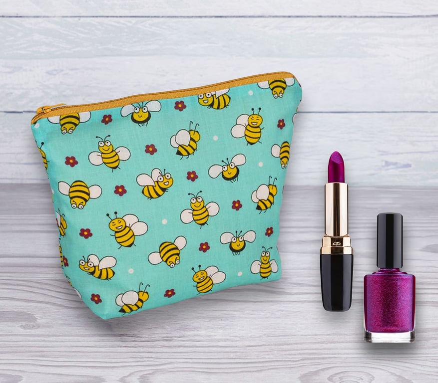 Cosmetic Bag, Make up Bag, Bee Design Cosmetic Bag-Blue, Cosmetic Bag-125