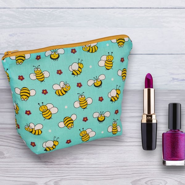 Cosmetic Bag, Make up Bag, Bee Design Cosmetic Bag-Blue, Cosmetic Bag-125