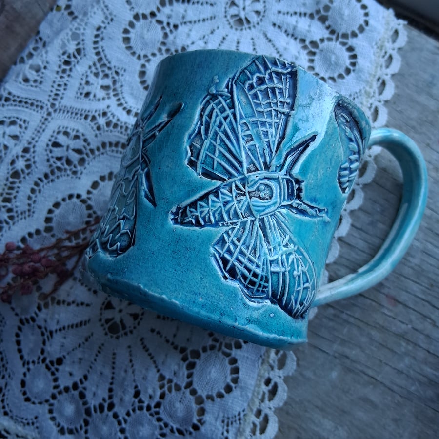 Coffee mug Aqua moth design Ceramic handmade