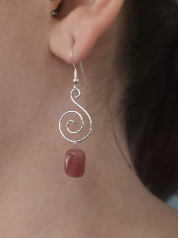 Sterling silver wire wrapped spiral dangle earrings with cherry quartz chunks