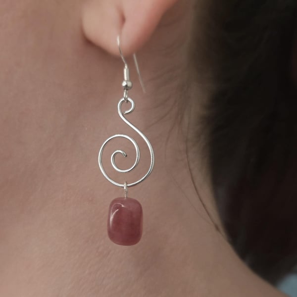 Sterling silver wire wrapped spiral dangle earrings with cherry quartz chunks