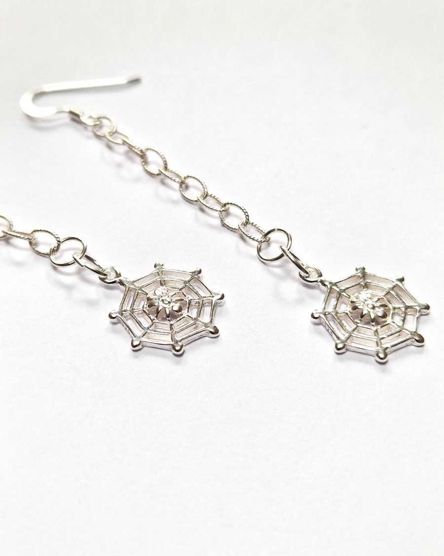 Long Halloween Earrings, Sparkling 925 Sterling Silver Chain with Spider Webs