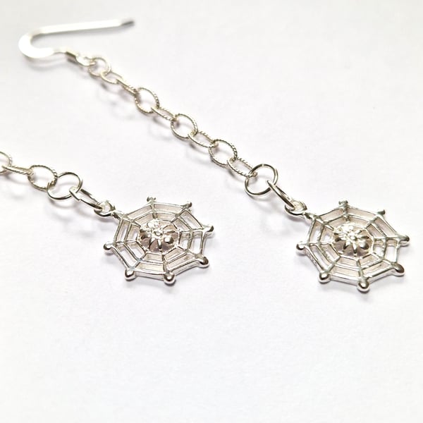 Long Halloween Earrings, Sparkling 925 Sterling Silver Chain with Spider Webs