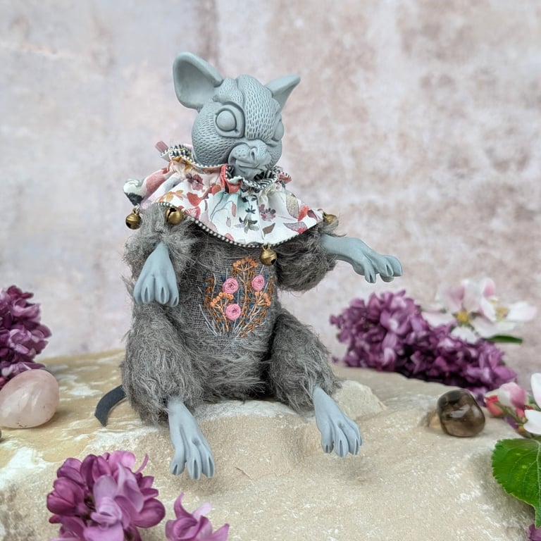 'Marcel', a grey porcelain and textile mouse imp.