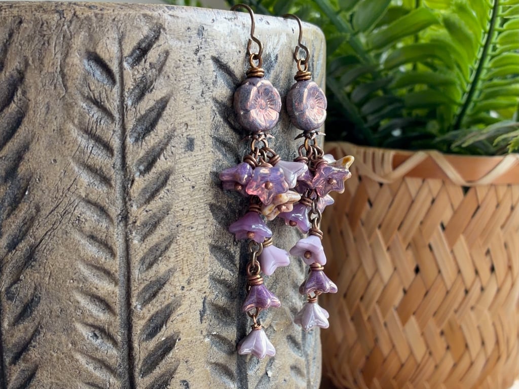 Lavender & Purple Czech Glass Flower Cluster Earrings. Nature Inspired Jewellery