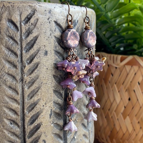 Lavender & Purple Czech Glass Flower Cluster Earrings. Nature Inspired Jewellery