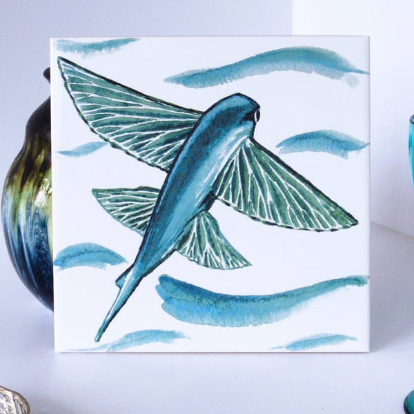 Flying Fish Design Ceramic Tile Trivet with Cork Backing
