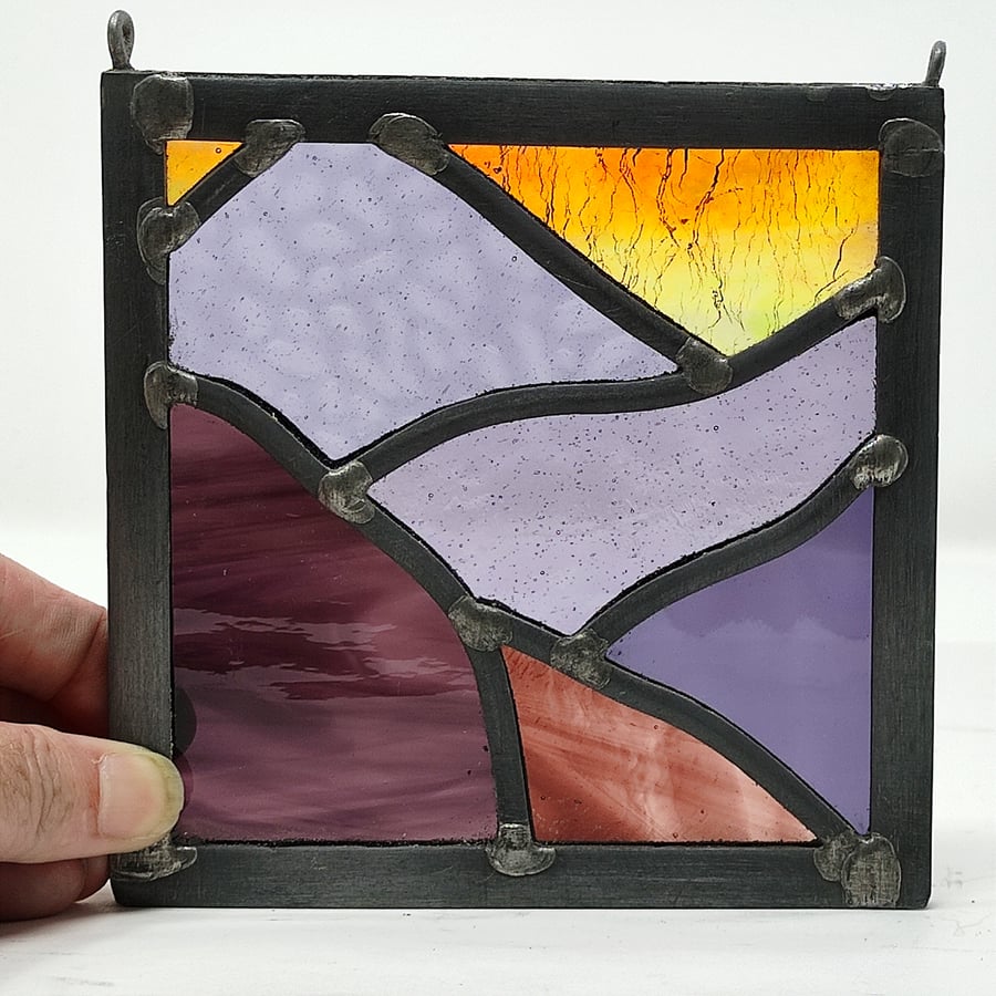 SOLD Orange sunset purple landscape stained glass leaded panel