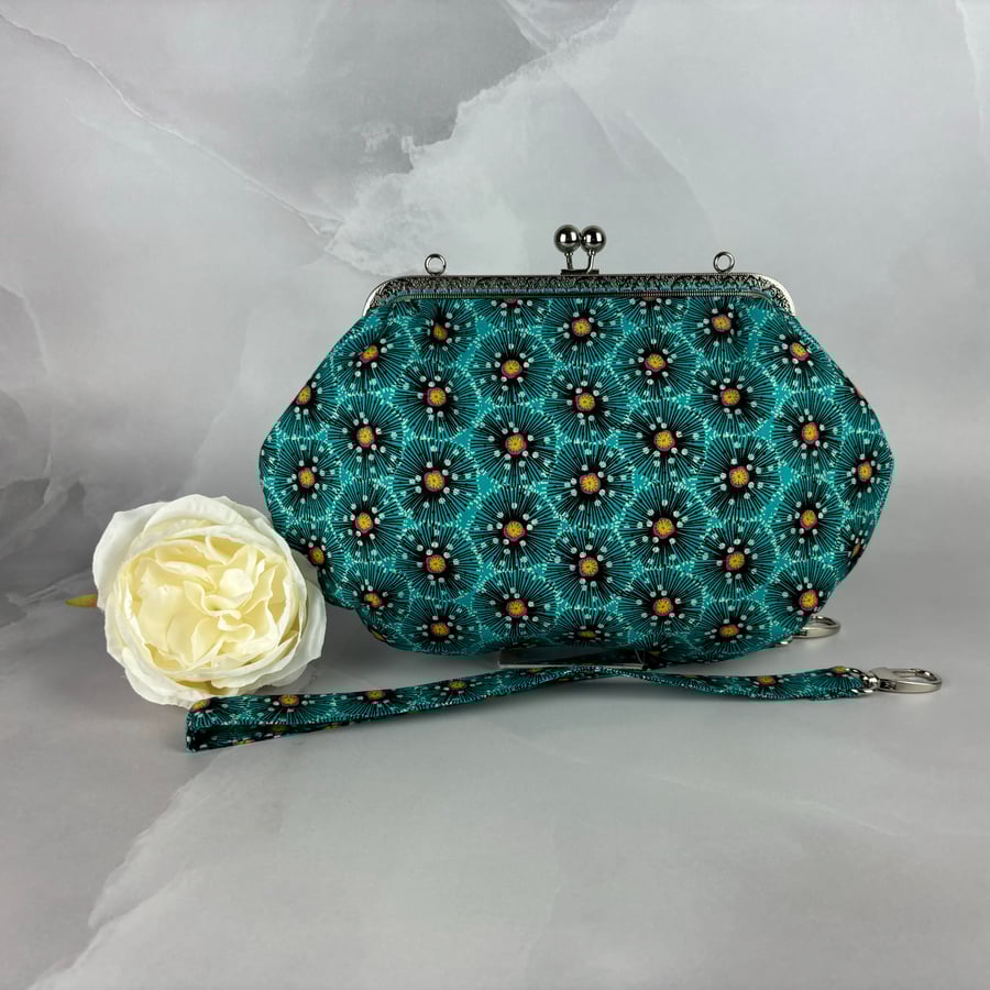 Floral medium clutch bag, Detachable strap, Handmade