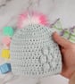 Grey Crochet Baby Hat, Newborn Beanie with Pink Faux Fur Pom Pom - Image 2