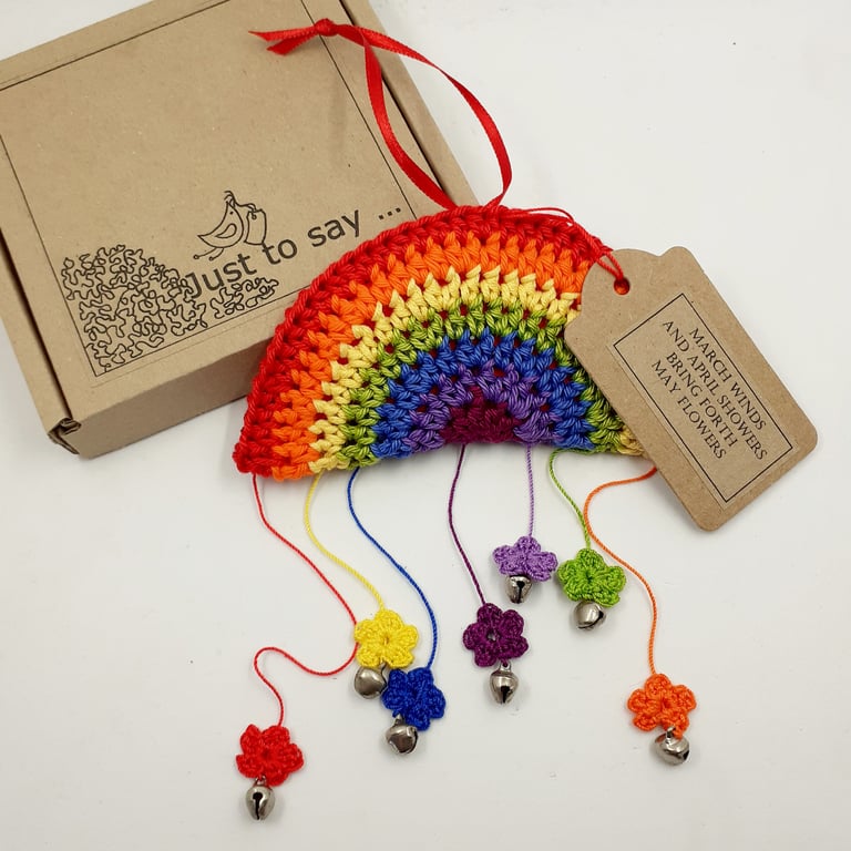 March Winds, April Showers, May Flowers. Crochet Rainbow Hanger