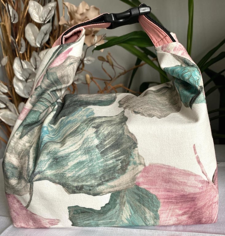 Handmade botanical lunch bag roll top cotton reusable eco food bag