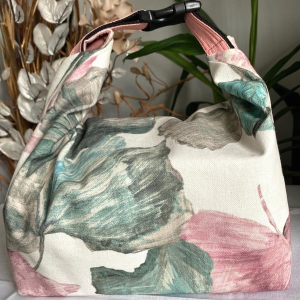 Handmade botanical lunch bag roll top cotton reusable eco food bag
