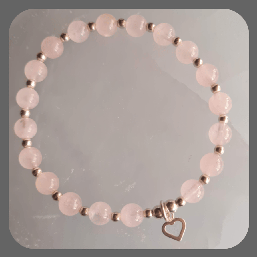 Rose Quartz and Sterling Silver beaded bracelet with Heart Charm