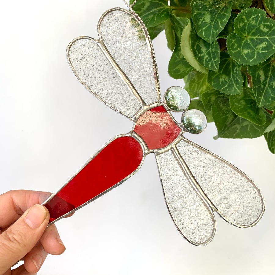 Stained Glass Dragonfly Suncatcher - Handmade Window Decoration - Red