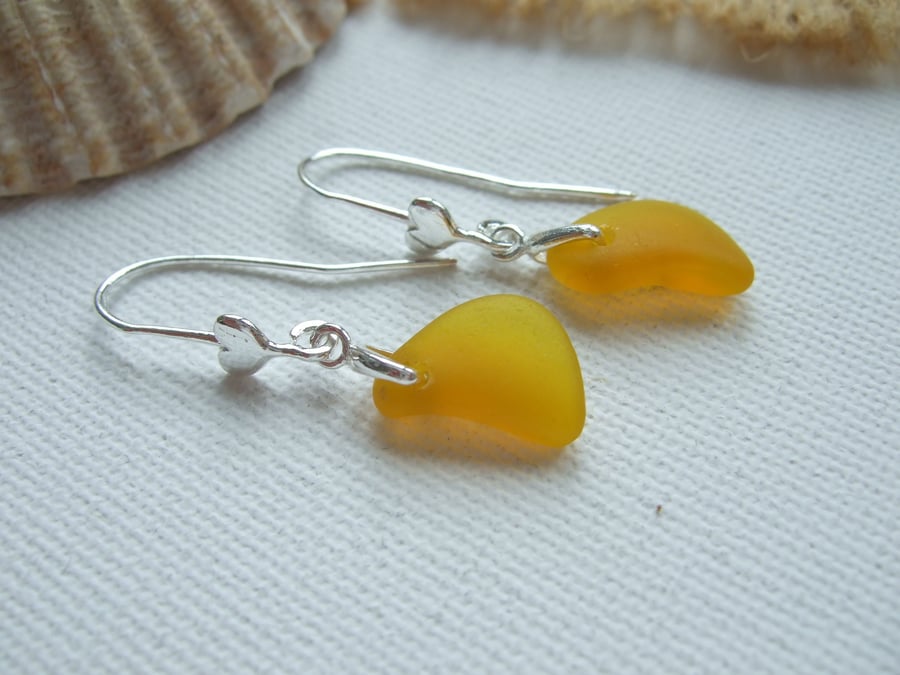 Yellow sea glass earring, yellow beach glass earrings, heart design sterling