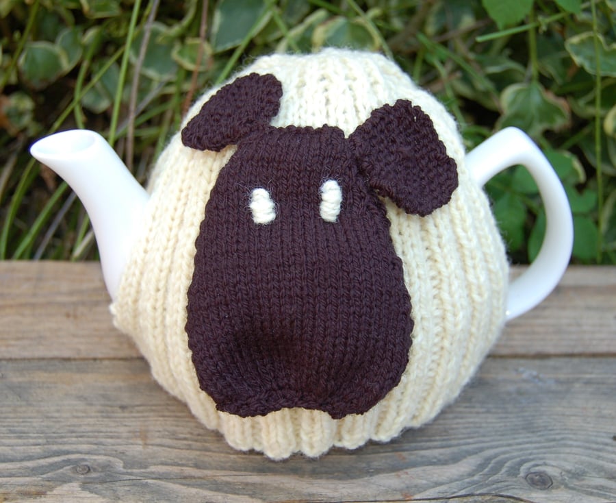 Hand Knitted wool tea cosy,  sheep face, to fit large standard teapot 