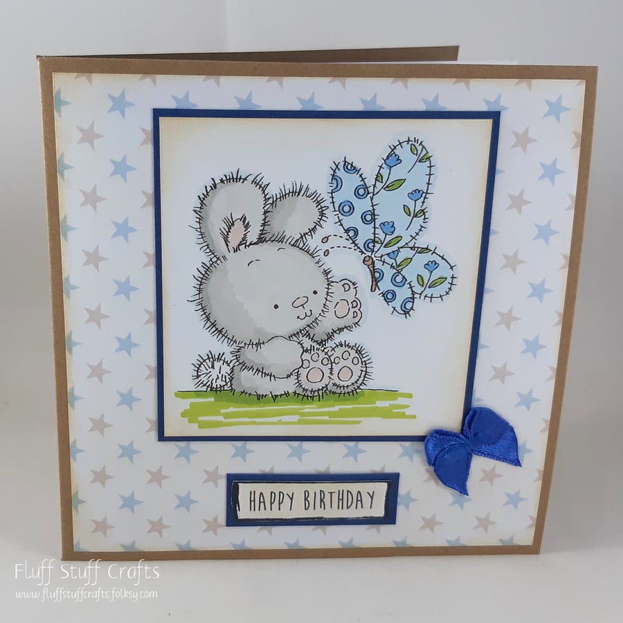 Handmade birthday card for a small child - the bunny and the butterfly