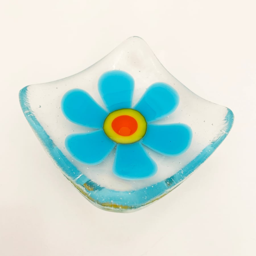 Fused Glass Retro Turquoise Flower Dish - Handmade Glass Dish